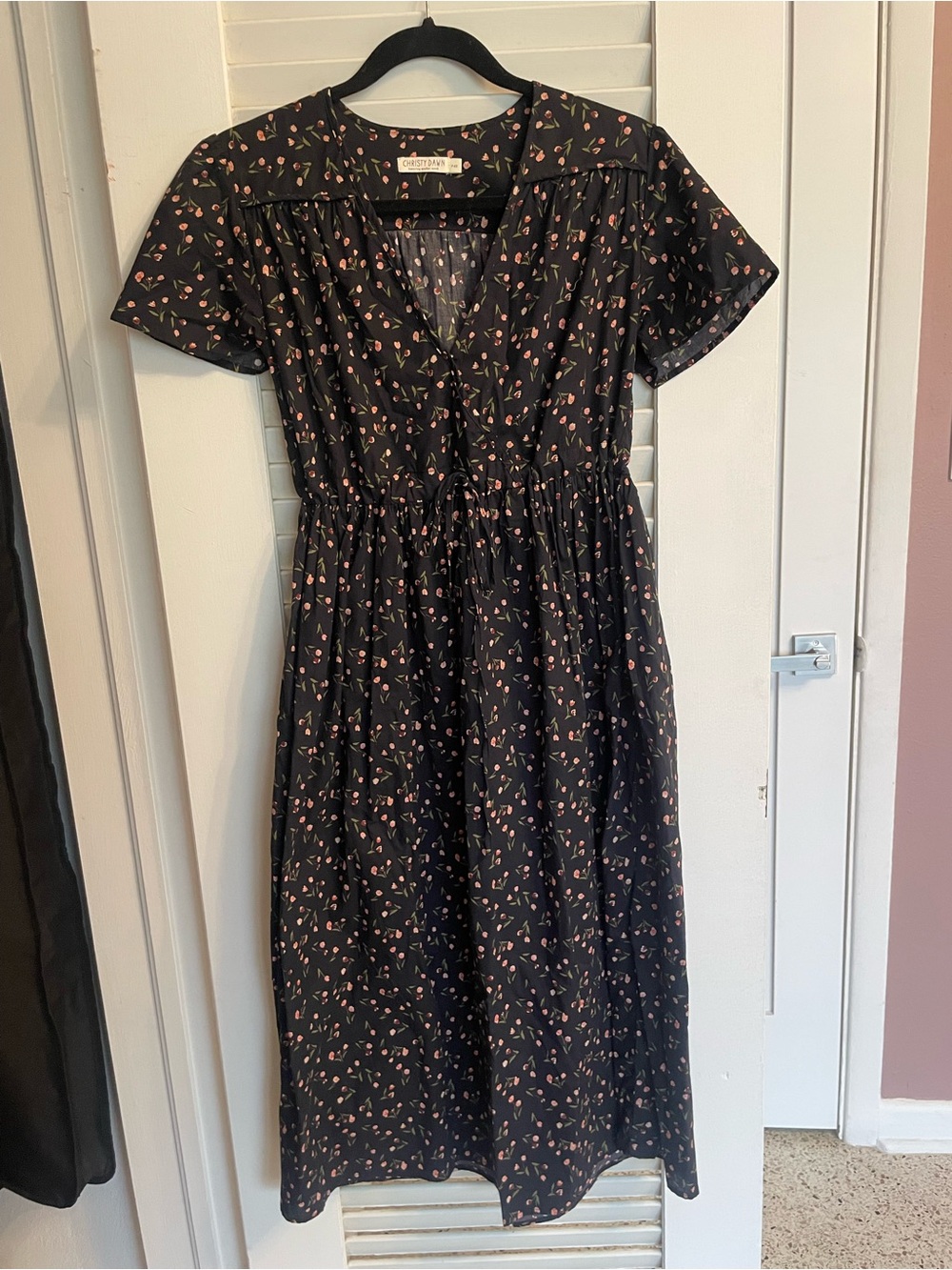 Christy Dawn Black Midi Dress with Pink Floral Print